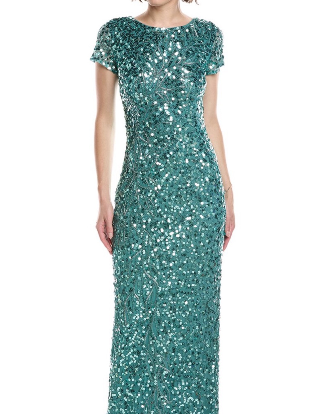 Adrianna Papell Teal Sequin Short-Sleeve Maxi Gown